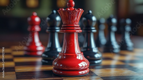Close-up of a red queen chess piece surrounded by black pieces on a wooden chessboard. Strategic game concept.