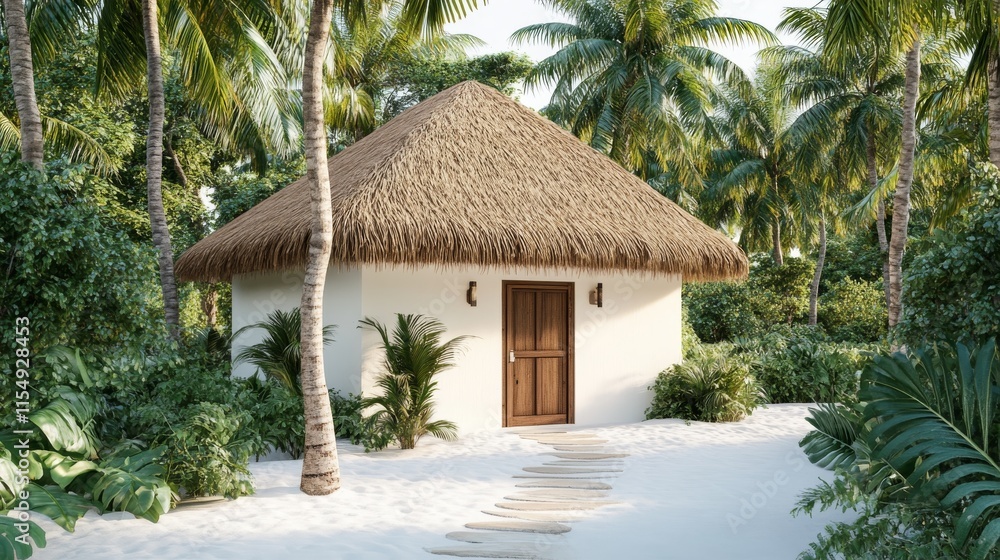 3D rendered tropical bungalow, thatched roof hut, soft cream walls, wooden door details, surrounding palm trees, photorealistic foliage, white sand ground, clean white background, architectural 3D rendered tropical bungalow, thatched roof hut, soft cream walls, wooden door details, surrounding palm trees, photorealistic foliage, white sand ground, clean white background, architectural
