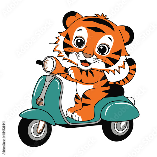 A cheerful cartoon tiger cub sits astride a vintage teal scooter, smiling and waving. The tiger has bright orange and black stripes, large expressive eyes, and a playful expression. The scooter has a