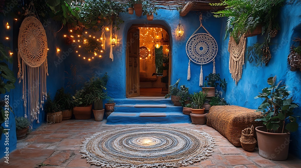 Obraz premium Blue Courtyard Decorated With Dream Catchers Plants And Lights