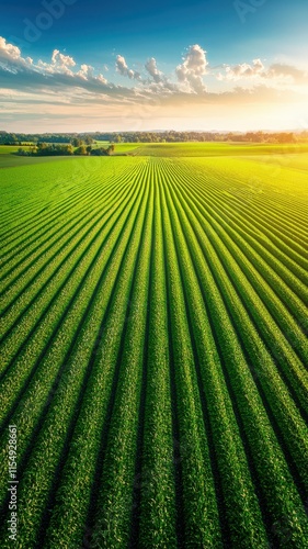 Aerial view of lush green farmland with neatly arranged rows stretching towards the horizon under a bright sky.