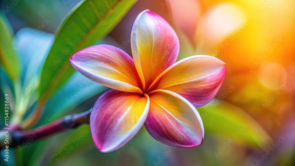A vibrant tropical flower blossom with delicate petals displaying a gradient of pink, yellow, and white hues, illuminated by warm sunlight A vibrant tropical flower blossom with delicate petals displaying a gradient of pink, yellow, and white hues, illuminated by warm sunlight