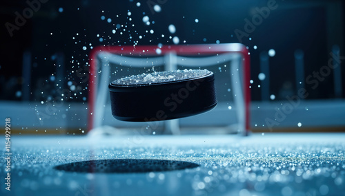 A dramatic gameplay moment of a hockey puck covered with ice drops hovering above the rink and heading toward entering the net in an indoor arena aiming for a goal. Photorealistic image. Copy space