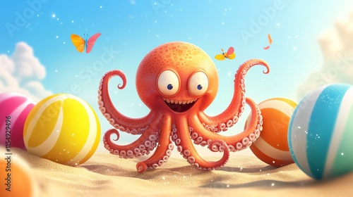 2D cartoon illustration of a happy octopus playing with colorful beach balls.--ar 16:9 photo