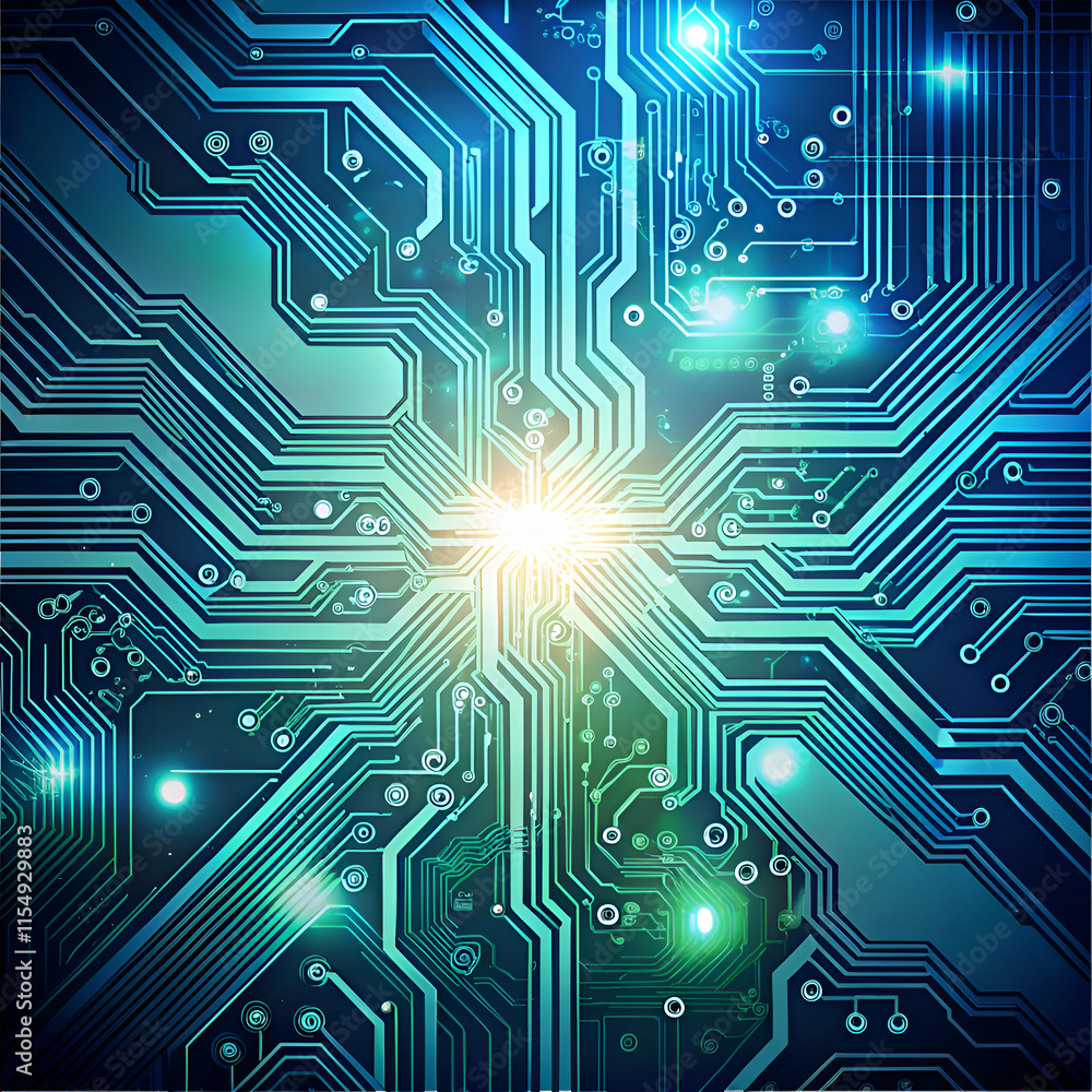 Obraz premium Abstract Circuit Board with Glowing Lines and Light Effects.