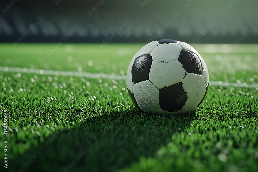 Fototapeta premium Soccer ball on green grass background with copy space for text