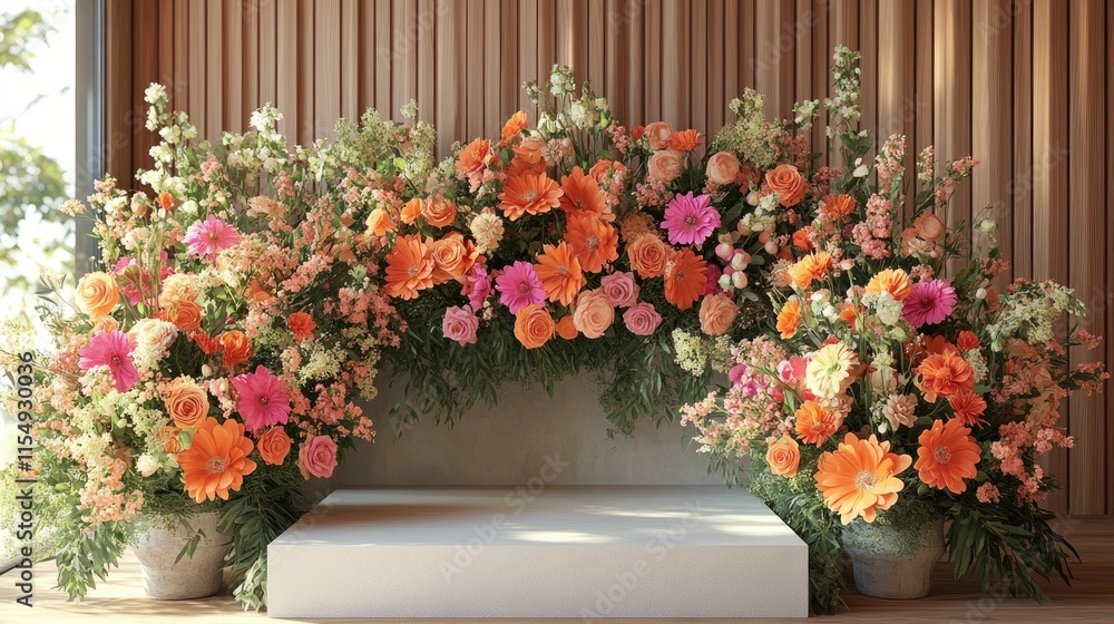 Fototapeta premium Vibrant floral archway with display platform.