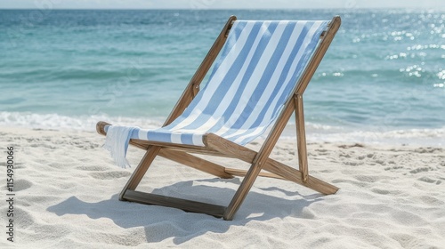 solitary beach chair against serene oceanfront, seaside relaxation scene, weathered teak folding chair, azure and white striped towel cascading down side, pristine beach sand, calm seascape, natural photo