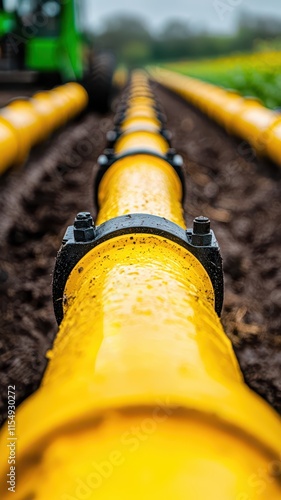 A close-up view of yellow gas pipes aligned in a field, showcasing their metallic fittings against a backdrop of greenery.