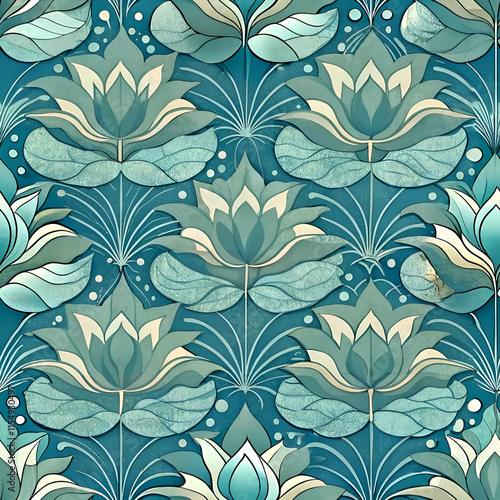 A seamless pattern of stylized teal and cream flowers.