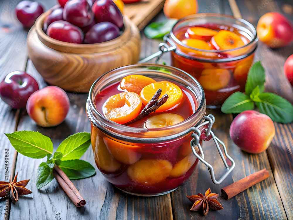 Homemade Plum and Cinnamon Preserves in Glass Jars. Homemade Plum and Cinnamon Preserves in Glass Jars.