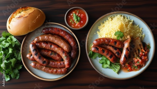 Wallpaper Mural Delicious Brazilian Sausages with Farofa, Salad, and Sauce Served on Elegant Plates Torontodigital.ca