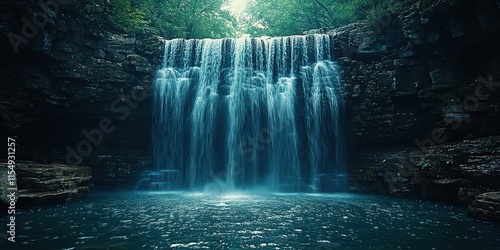 A serene waterfall cascades into a tranquil pool, surrounded by lush greenery, creating a peaceful natural oasis.