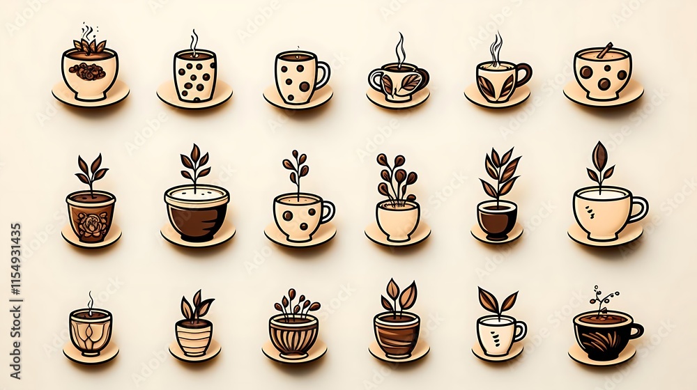 Flat lay of coffee cups and potted plants, brown tones, minimalist design. Flat lay of coffee cups and potted plants, brown tones, minimalist design.