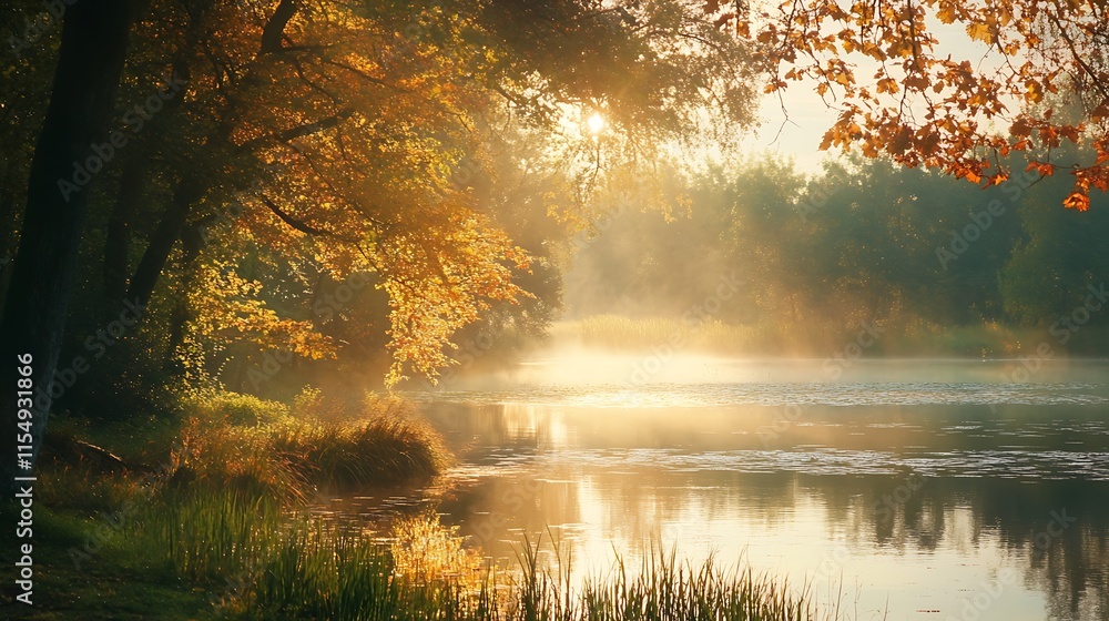 Obraz premium Golden Autumn Sunrise over Misty Pond. Tranquil Forest Scene.