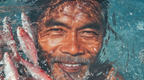 A man is in the water with fish in his hand