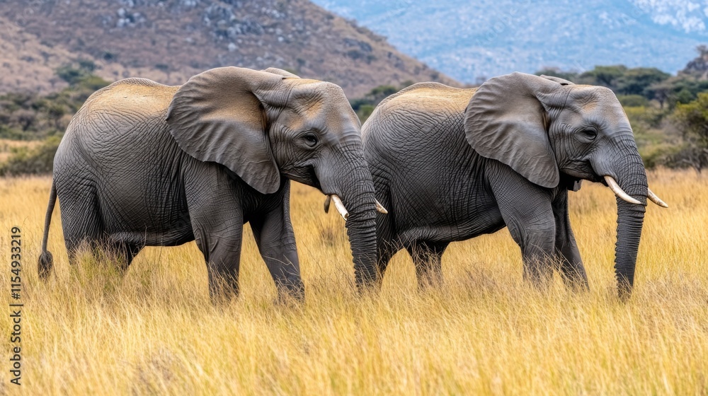 Obraz premium Three Elephants Walking Through Grassy Plains in a Natural Habitat Surrounded by Mountains and Trees, Showcasing Wildlife and Nature's Beauty
