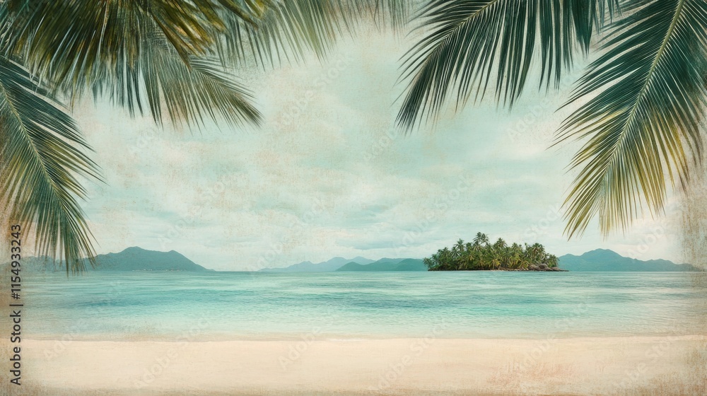 Idyllic coastal scene, emerald palm leaves overhead, powdery beige sand texture foreground, calm azure lagoon waters, distant tropical islet with vegetation, overcast sky with wispy clouds, soft Idyllic coastal scene, emerald palm leaves overhead, powdery beige sand texture foreground, calm azure lagoon waters, distant tropical islet with vegetation, overcast sky with wispy clouds, soft