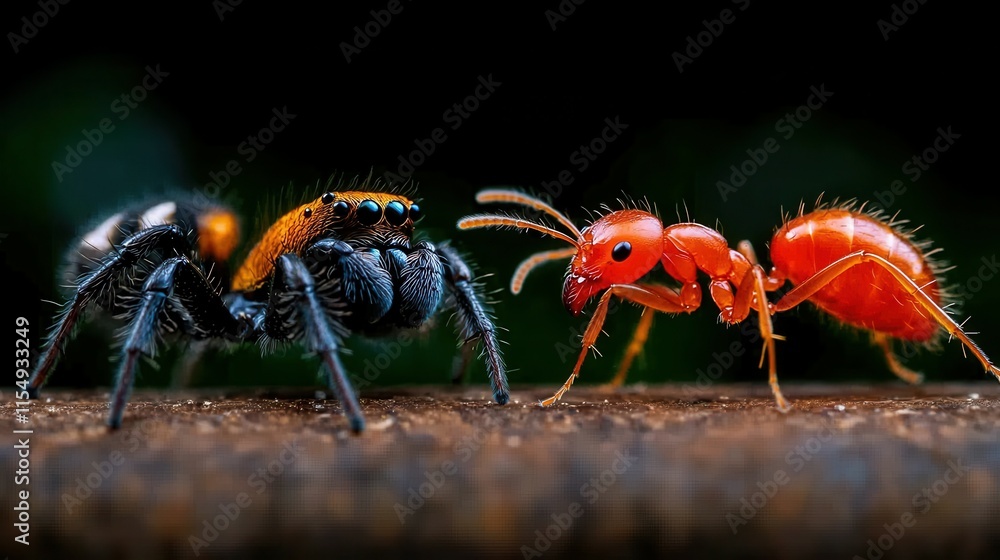 Fototapeta premium Close-Up of Colorful Spider and Ant on a Wooden Surface at Night