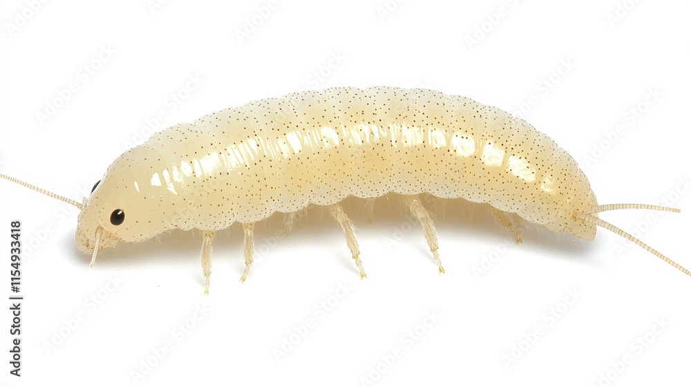 Close-up of a pale, segmented insect on a white background. Close-up of a pale, segmented insect on a white background.