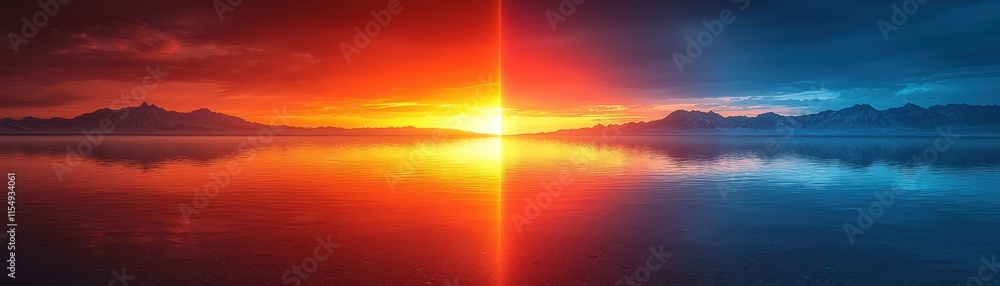 Fototapeta premium A stunning sunset over a calm lake, with vibrant hues of orange and blue reflecting on the water's surface and mountains in the background.