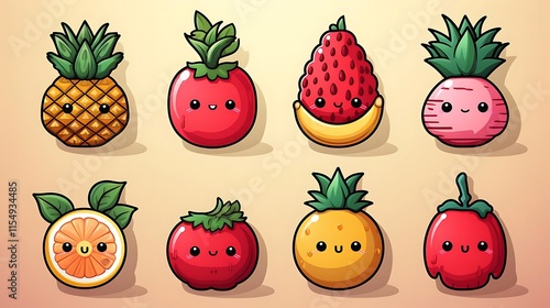 Cute cartoon fruits and vegetables. photo