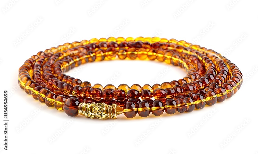 Amber beaded necklace with gold clasp, coiled on white. Amber beaded necklace with gold clasp, coiled on white.