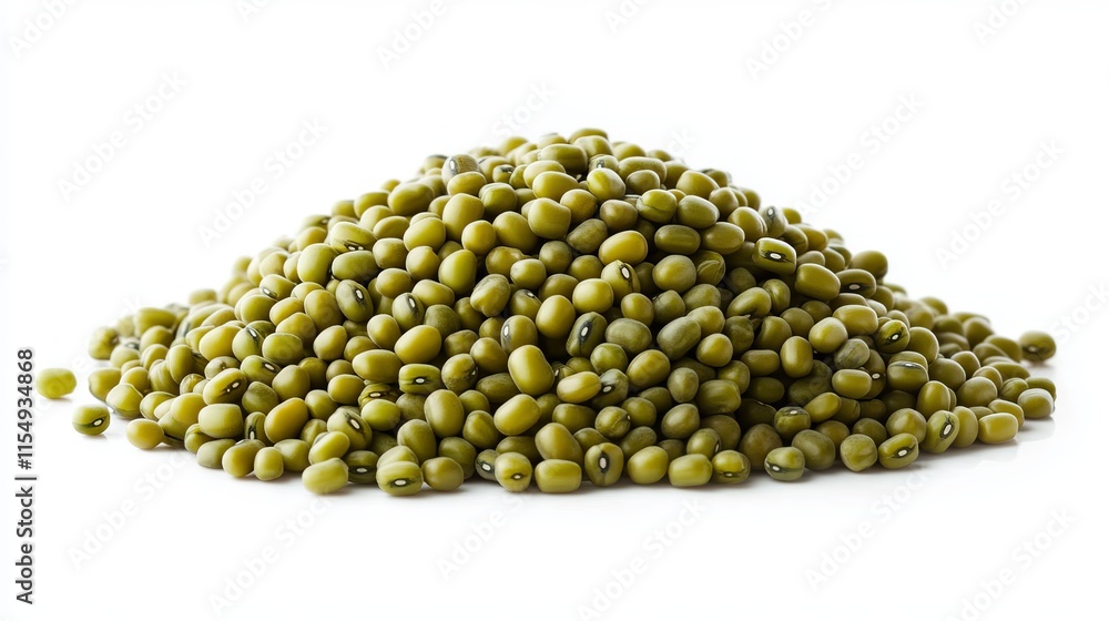 Mung Beans (Vigna radiata): A heap of raw mung beans, small, round, and green, neatly arranged on an isolated white background Mung Beans (Vigna radiata): A heap of raw mung beans, small, round, and green, neatly arranged on an isolated white background