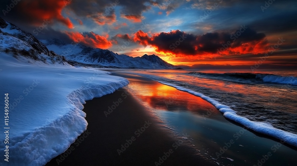 Fototapeta premium Spectacular Fiery Sunset Over a Snowy Beach in Lofoten