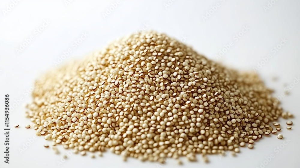 Quinoa (Chenopodium quinoa): A small heap of raw quinoa grains, round and beige with a slightly translucent texture, displayed on a white background. Quinoa (Chenopodium quinoa): A small heap of raw quinoa grains, round and beige with a slightly translucent texture, displayed on a white background.