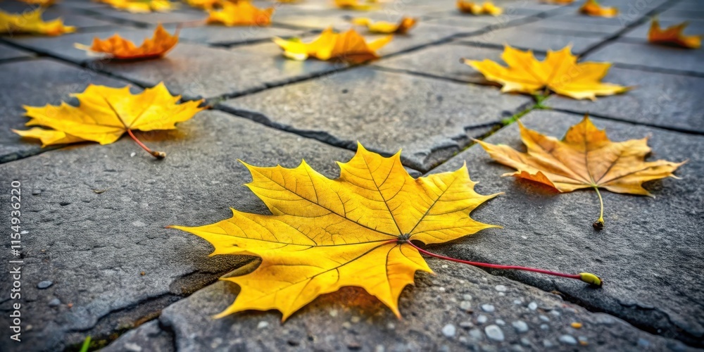 Autumnal Maple Leaves on Stone Pavement A Close-Up View Autumnal Maple Leaves on Stone Pavement A Close-Up View