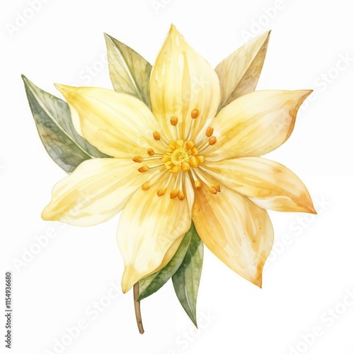 Yellow flower with six petals and orange stamens on white background, isolated on white background.Vibrant flower. Nature close-up. Bright botanical art.Floral beauty. Bright yellow. Nature’s elegance