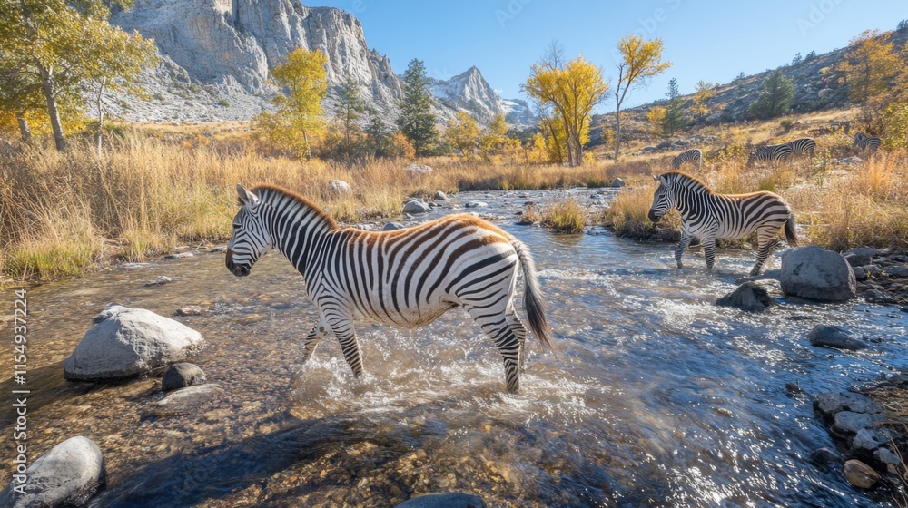 Naklejka premium Two Zebras Wading Through a Clear Stream in a Stunning Mountain Landscape Surrounded by Autumn Foliage and Rocky Terrain Under Bright Blue Sky