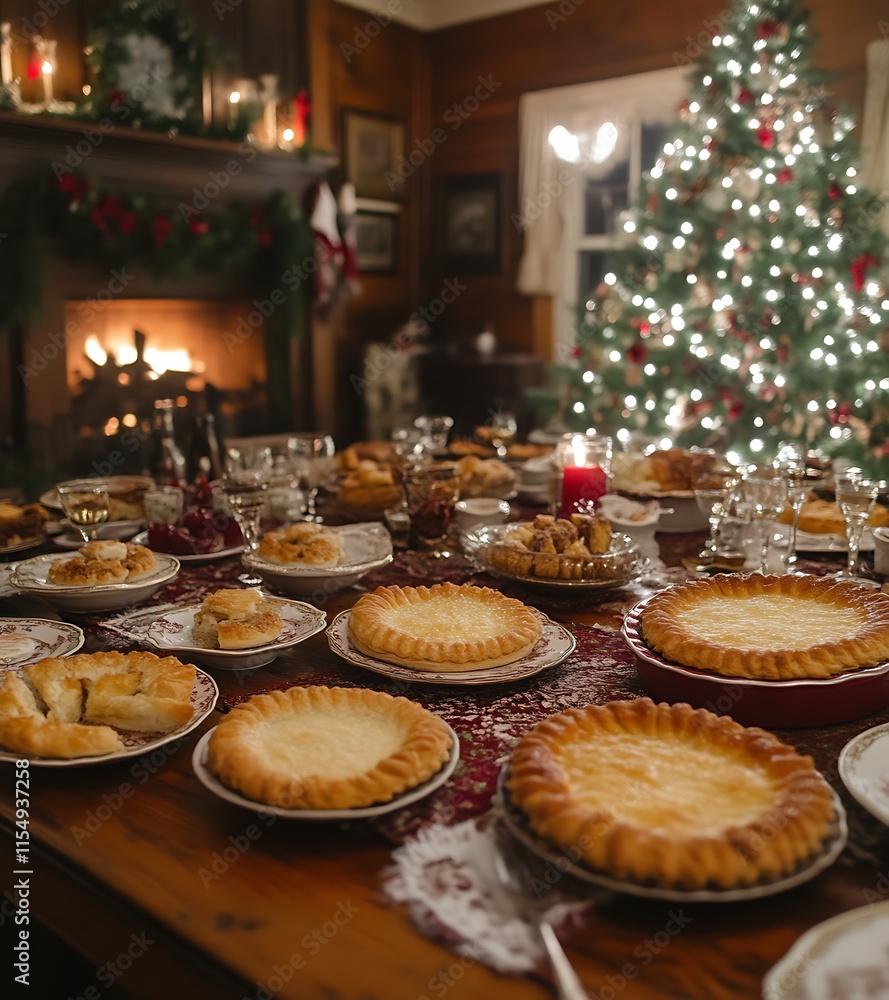 Naklejka premium Festive Christmas table laden with homemade pies, cakes, and pastries, near a fireplace and decorated Christmas tree.