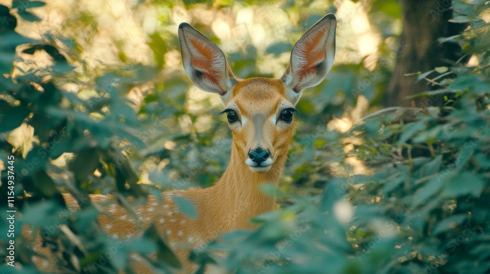 Young Deer Stands Among Lush Greenery, Gazing Curiously at the Camera in a Serene Natural Environment Surrounded by Vibrant Leaves and Plants Young Deer Stands Among Lush Greenery, Gazing Curiously at the Camera in a Serene Natural Environment Surrounded by Vibrant Leaves and Plants