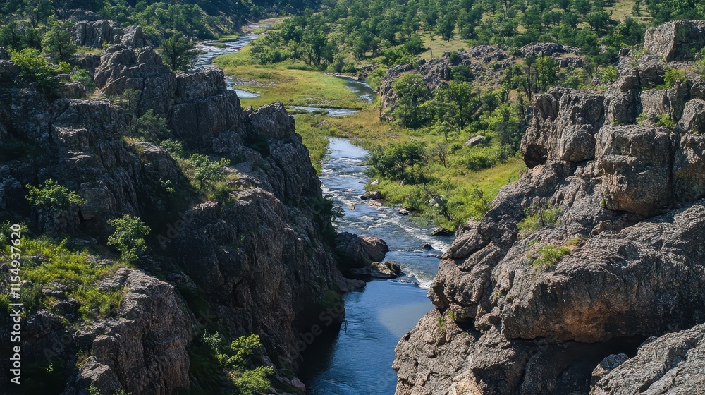 A river runs through a rocky canyon A river runs through a rocky canyon