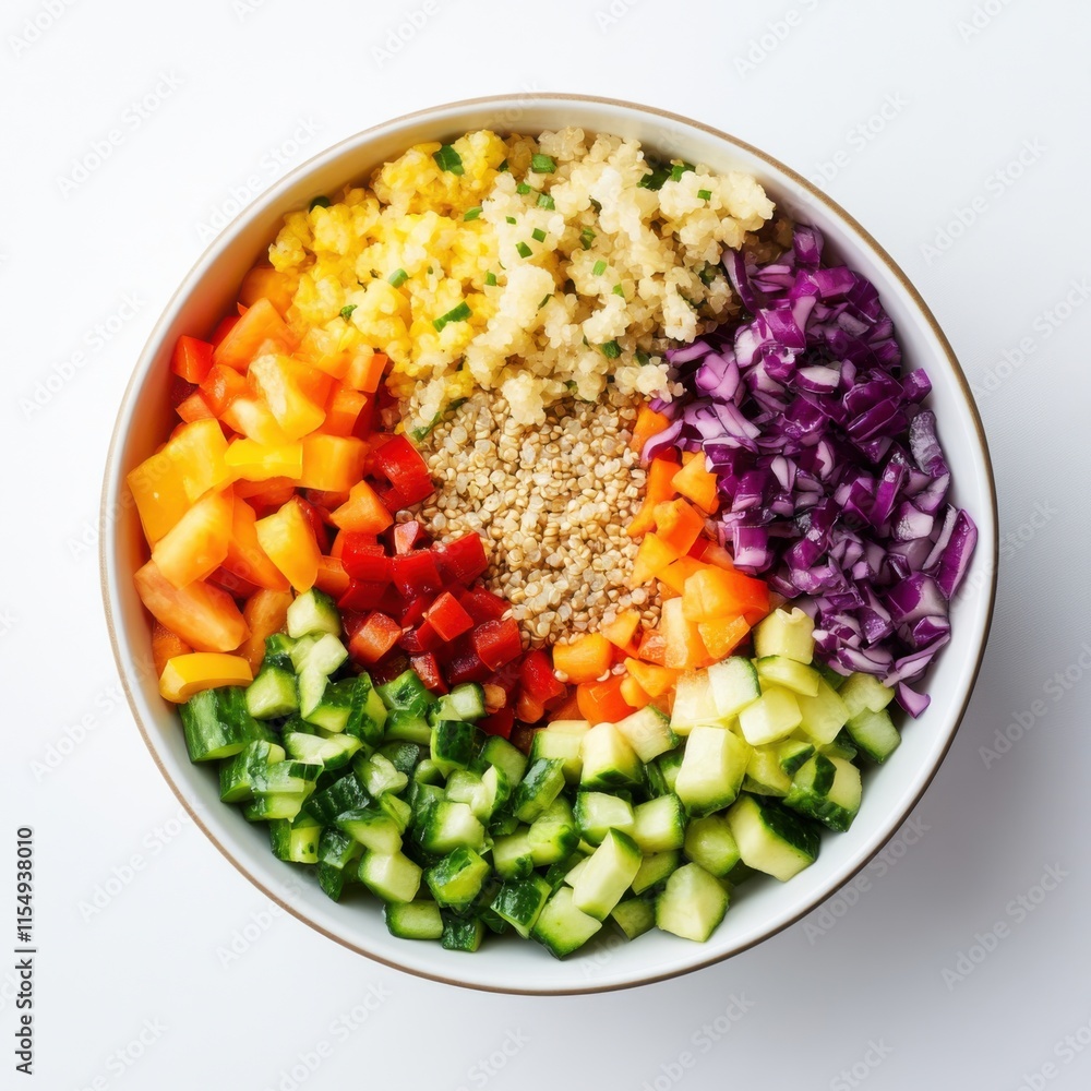 Quinoa salad in a bowl. Featuring colorful vegetables and dressing Quinoa salad in a bowl. Featuring colorful vegetables and dressing