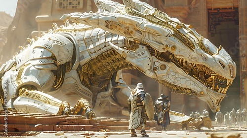 Majestic colossal mechanical dragon rests before armored figures in ancient ruins.