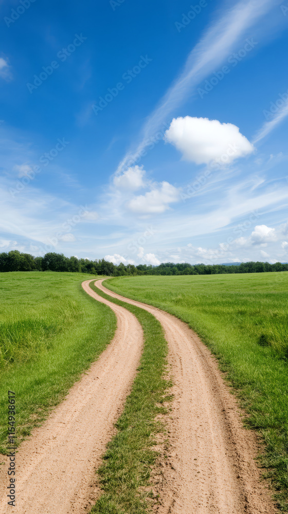 peaceful rural landscape featuring winding dirt road through lush green fields under bright blue sky with fluffy clouds. scene evokes tranquility and natural beauty peaceful rural landscape featuring winding dirt road through lush green fields under bright blue sky with fluffy clouds. scene evokes tranquility and natural beauty