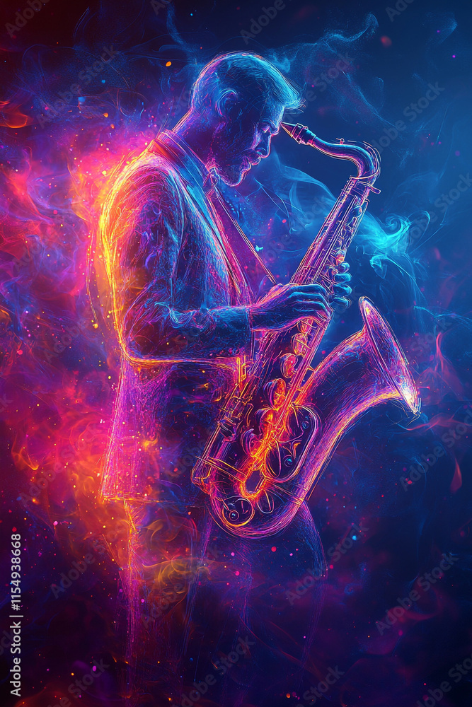 Obraz premium A striking portrayal of a jazz saxophonist in vibrant colors, blending music, art, and emotion into a mesmerizing composition