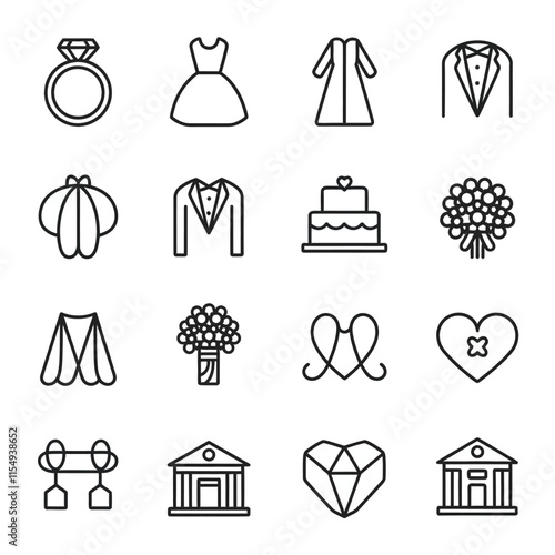 wedding line icon set vector