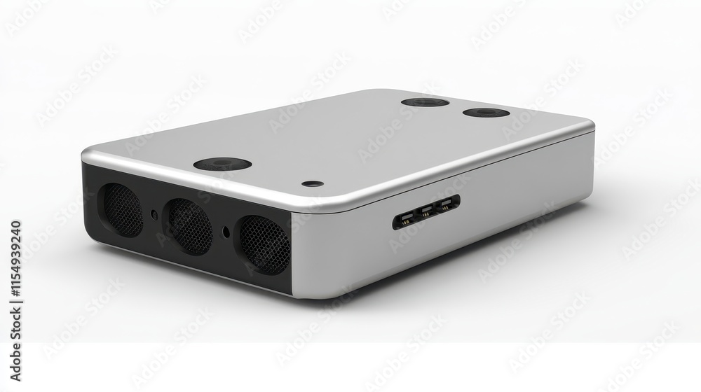 Sleek silver metallic electronic device with ports and vents. Sleek silver metallic electronic device with ports and vents.