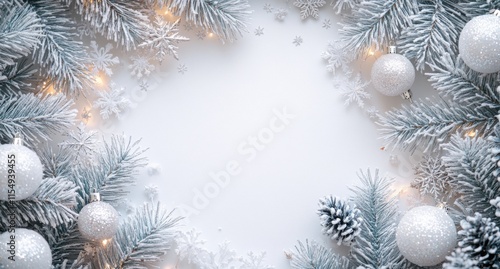 Wallpaper Mural Elegant Winter Wonderland with Frosted Evergreens, Twinkling Lights, and Decorative Ornaments Set Against a Soft White Background for Holiday Cheer Torontodigital.ca