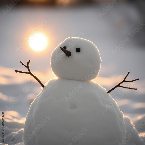 snowman on the snow. Classic black and white: A snowman bathed in soft golden hour light, just after sunrise or before sunset, evoking a timeless and elegant aesthetic. photo