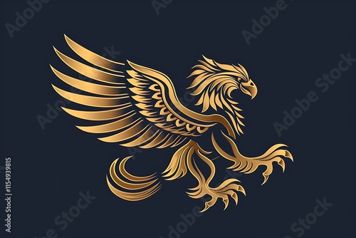 Golden griffin design, mythical creature with spread wings and sharp talons, on dark background.
