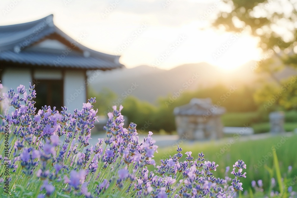 Lavender field sunset, Asian architecture background. Lavender field sunset, Asian architecture background.