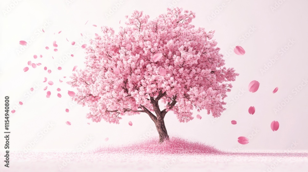 Fototapeta premium Pink Cherry Blossom Tree in Gentle Breeze, Springtime Serenity