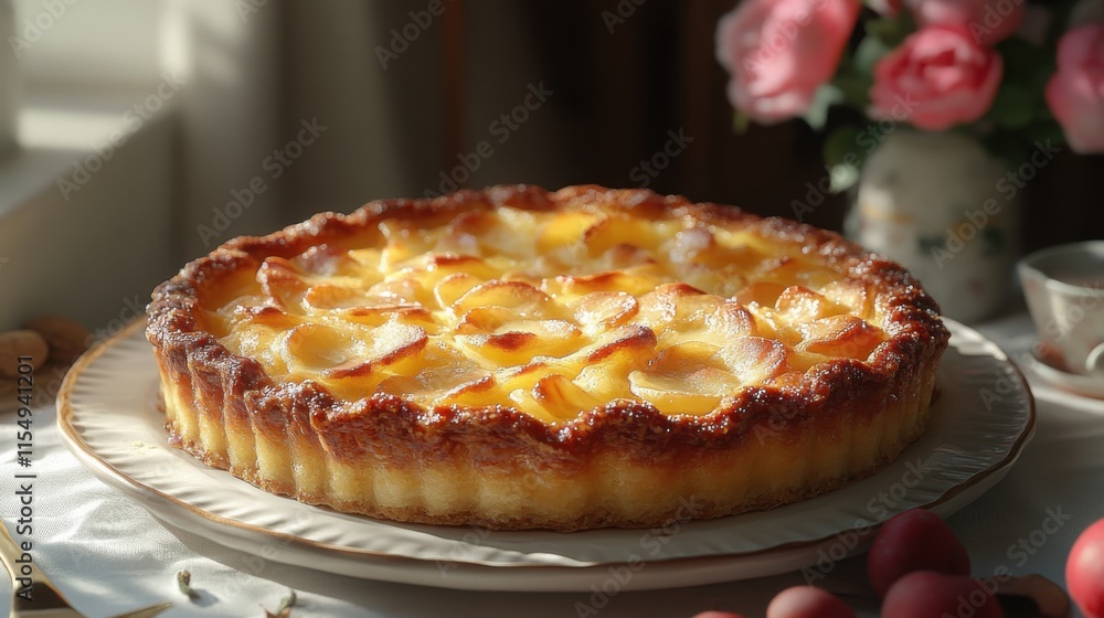 Warm and inviting freshly baked pie with a golden crust on a simple white background Warm and inviting freshly baked pie with a golden crust on a simple white background