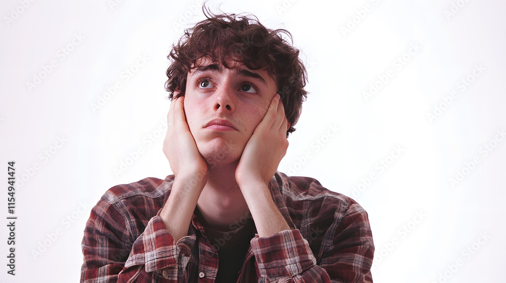 Teenager with hands on ears, looking upward, thoughtful expression. Teenager with hands on ears, looking upward, thoughtful expression.