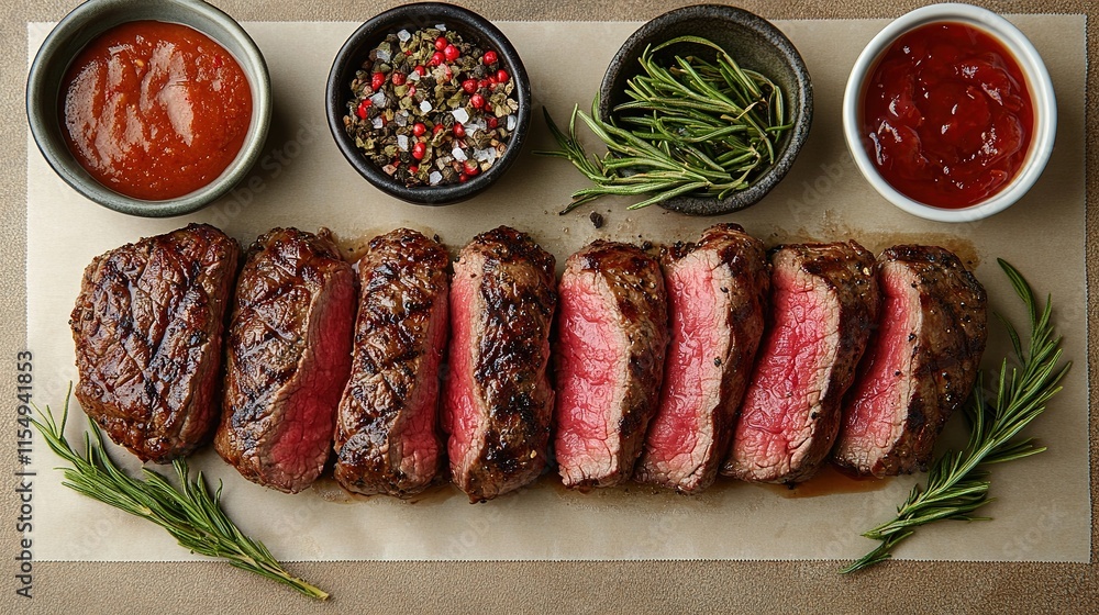 Grilled beef steak with herb and spices. Portion of fried meat cuts with rosemary, garlic, olive oil and ketchup sauce Grilled beef steak with herb and spices. Portion of fried meat cuts with rosemary, garlic, olive oil and ketchup sauce